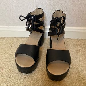 Black blocked heel platform sandals